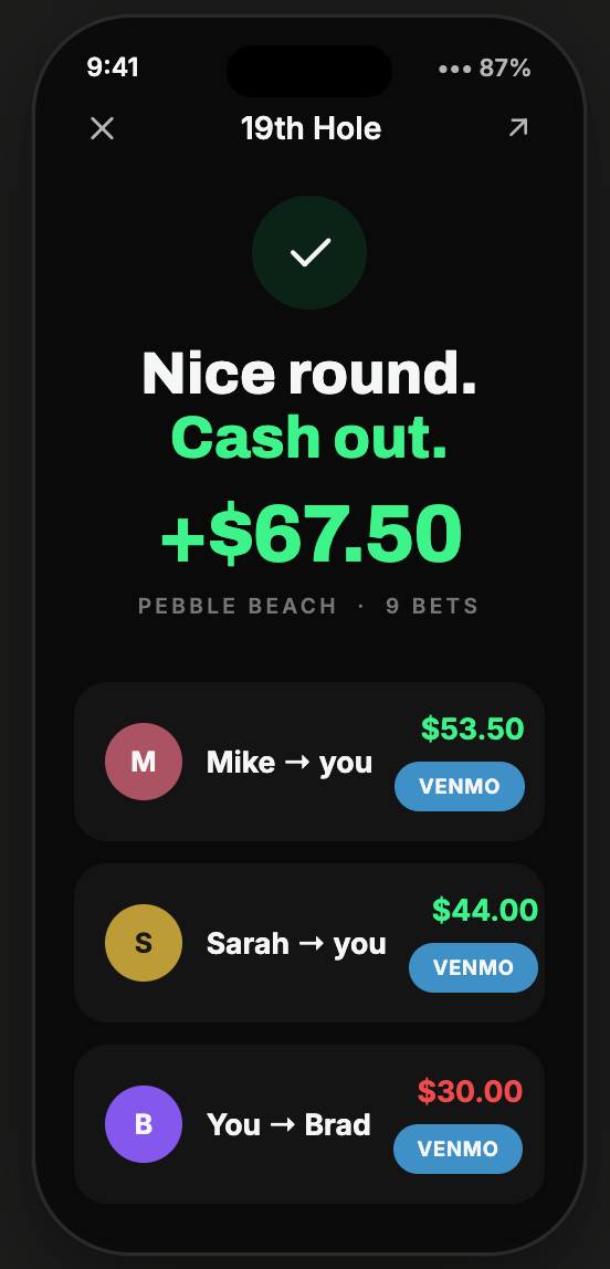 SANDBAGR — 19th hole cash out, settle on Venmo